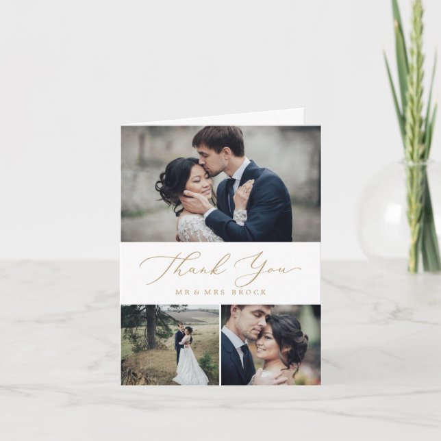 Delicate Gold Calligraphy 3 Photo Collage Thank You Card (Front)