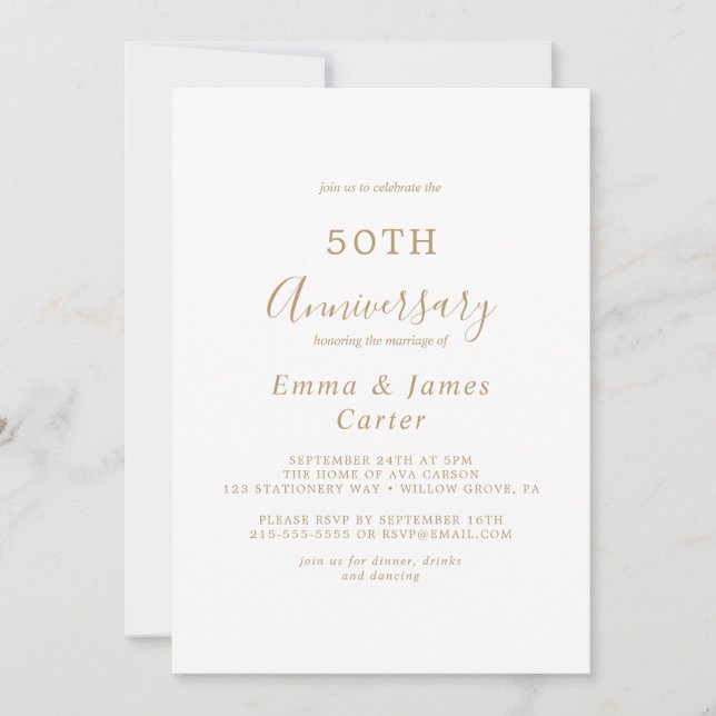 Delicate Gold Calligraphy 50th Wedding Anniversary Invitation (Front)