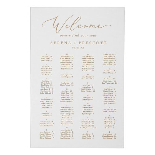 Delicate Gold Calligraphy Alphabetical Seating Faux Canvas Print