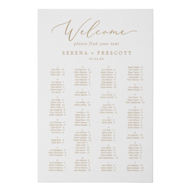 Delicate Gold Calligraphy Alphabetical Seating Faux Canvas Print (Front)