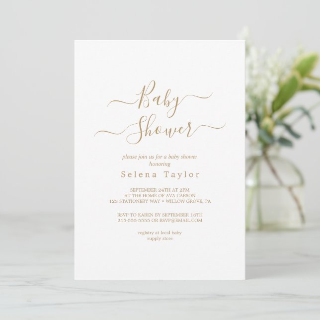 Delicate Gold Calligraphy Baby Shower Invitation (Standing Front)
