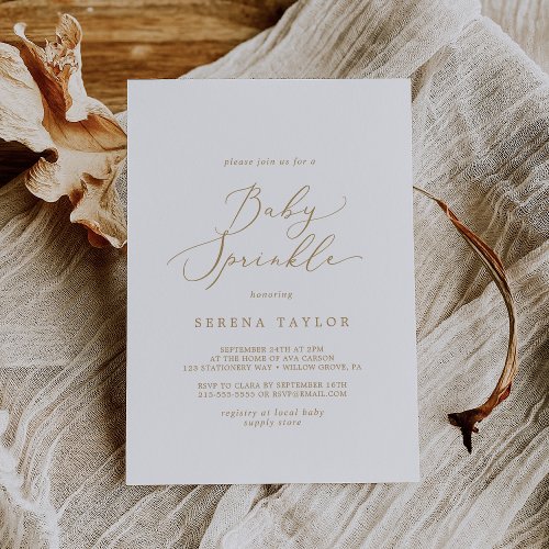 Delicate Gold Calligraphy Baby Sprinkle Invitation