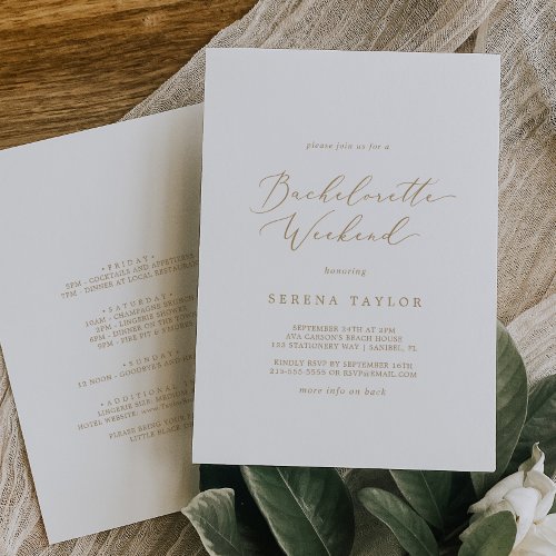 Delicate Gold Calligraphy Bachelorette Weekend Invitation