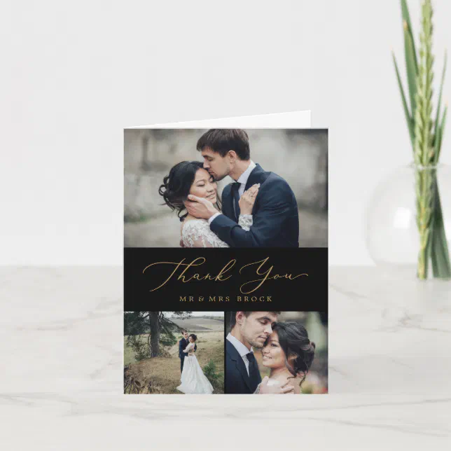 Delicate Gold Calligraphy | Black 3 Photo Collage Thank You Card | Zazzle