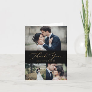 Delicate Gold Calligraphy Black 3 Photo Collage Thank You Card