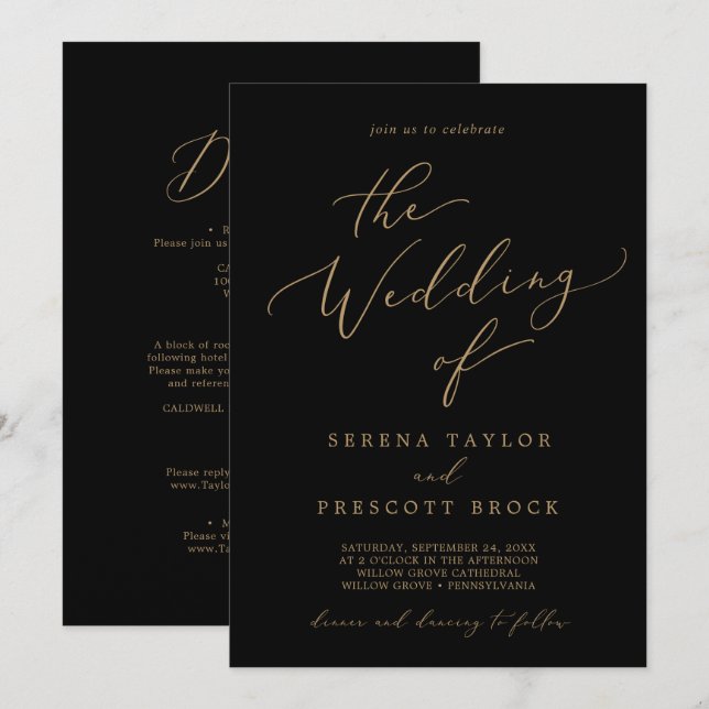 Delicate Gold Calligraphy Black All In One Wedding Invitation (Front/Back)