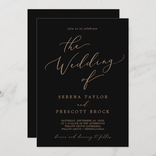 Delicate Gold Calligraphy Black All In One Wedding Invitation