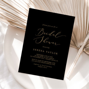 Delicate Gold Calligraphy   Black Bridal Shower Invitation