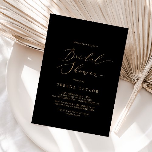 Delicate Gold Calligraphy  Black Bridal Shower Invitation