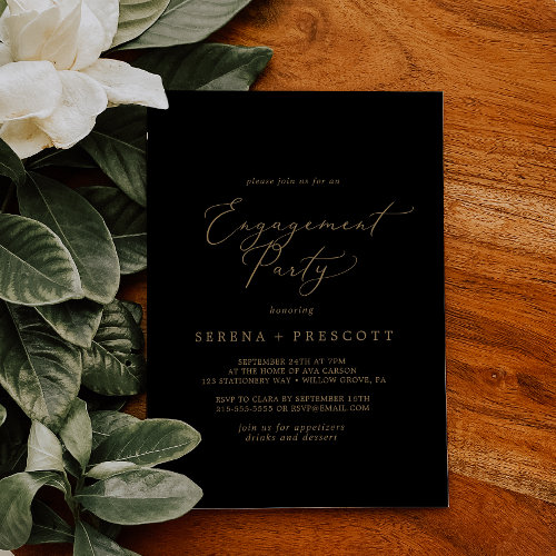 Delicate Gold Calligraphy | Black Engagement Party Invitation