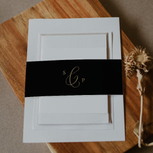 Delicate Gold Calligraphy Black Monogram Wedding Invitation Belly Band