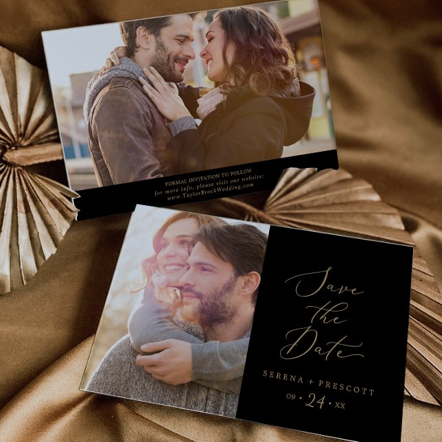 Delicate Gold Calligraphy | Black Photo Save The Date (Creator Uploaded)