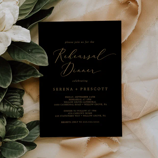 Delicate Gold Calligraphy | Black Rehearsal Dinner Invitation | Zazzle