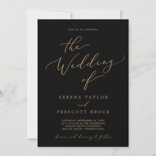 Delicate Gold Calligraphy  Black The Wedding Of Invitation
