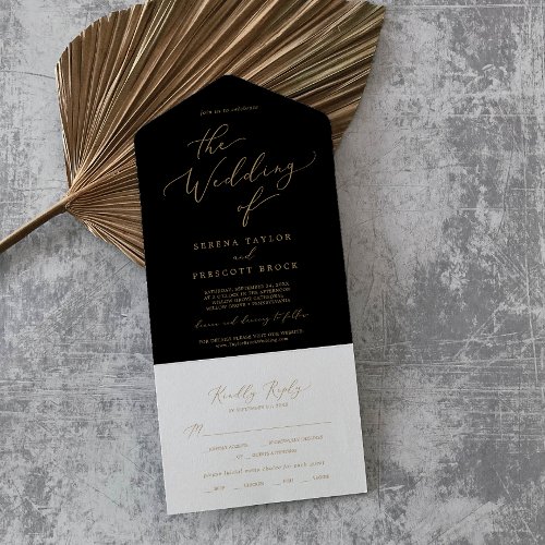 Delicate Gold Calligraphy  Black Wedding All In One Invitation