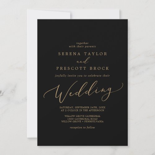 Delicate Gold Calligraphy  Black Wedding Invitation