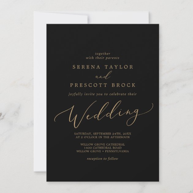 Delicate Gold Calligraphy | Black Wedding Invitation | Zazzle