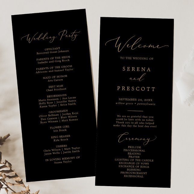 Delicate Gold Calligraphy | Black Wedding Program (Creator Uploaded)