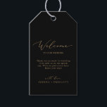 Delicate Gold Calligraphy | Black Wedding Welcome Gift Tags<br><div class="desc">These delicate gold calligraphy black wedding welcome gift tags are perfect for a modern wedding. The romantic minimalist design features lovely and elegant champagne golden yellow typography on a black background with a clean and simple look. Personalize the tags with the location of your wedding, a short welcome note, your...</div>