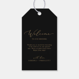 Delicate Gold Calligraphy | Black Wedding Welcome Gift Tags