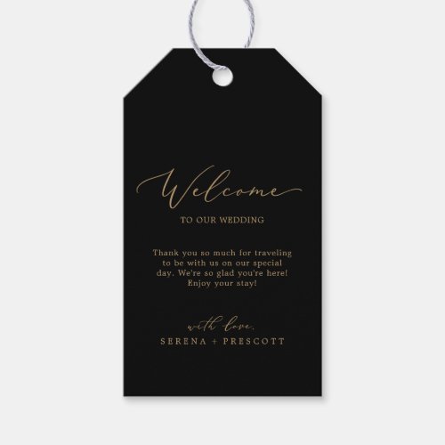 Delicate Gold Calligraphy  Black Wedding Welcome Gift Tags