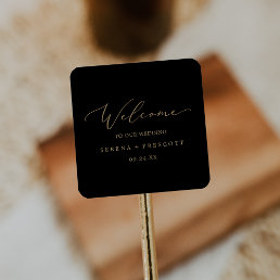 Delicate Gold Calligraphy | Black Wedding Welcome Square Sticker