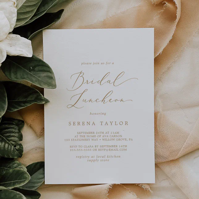 Delicate Gold Calligraphy Bridal Luncheon Invitation | Zazzle