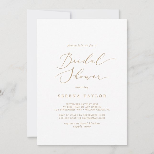 Delicate Gold Calligraphy Bridal Shower Invitation (Front)