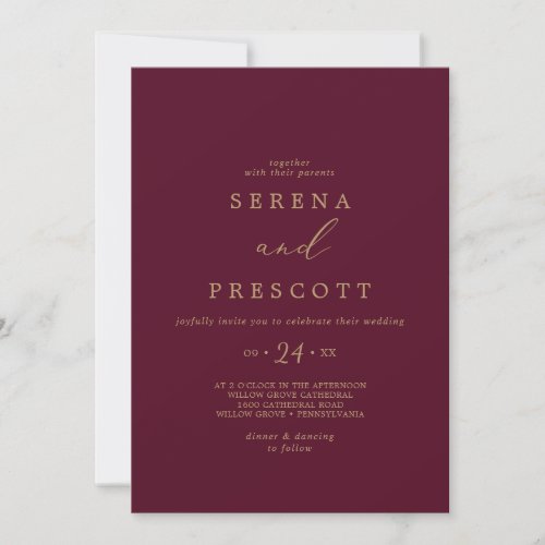 Delicate Gold Calligraphy Burgundy Casual Wedding Invitation