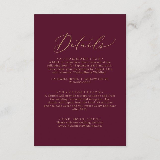 Delicate Gold Calligraphy | Burgundy Details Enclosure Card (Front)