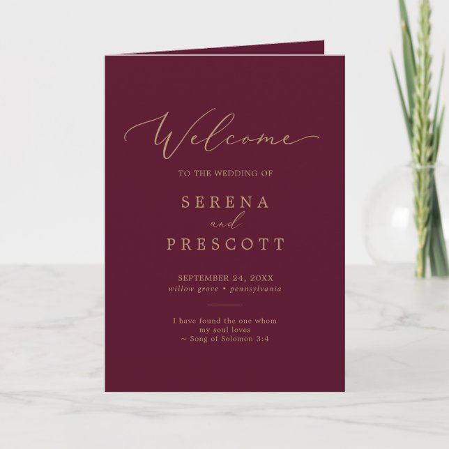 Delicate Gold Calligraphy Burgundy Folded Wedding Program (Front)