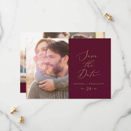 Delicate Gold Calligraphy  Burgundy Photo Save The Date