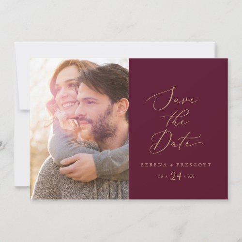Delicate Gold Calligraphy  Burgundy Photo Save The Date
