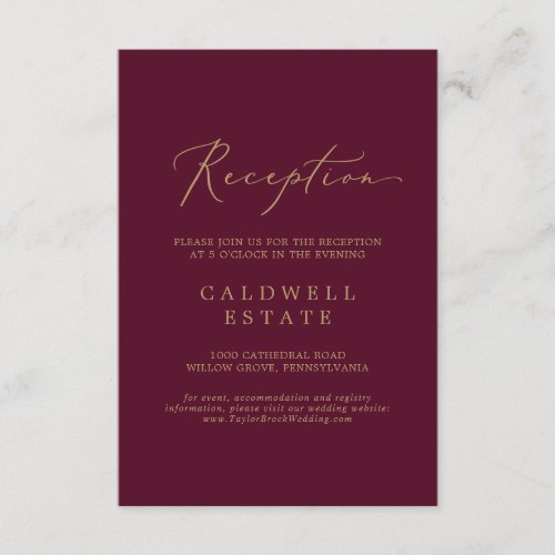 Delicate Gold Calligraphy  Burgundy Reception Enclosure Card
