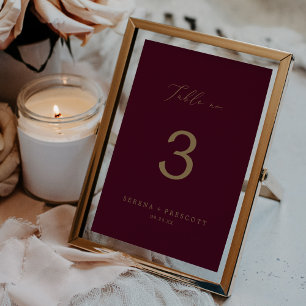 Delicate Gold Calligraphy   Burgundy Table No. Number