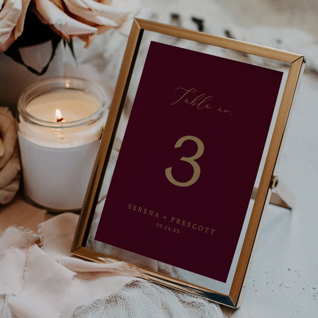 Delicate Gold Calligraphy | Burgundy Table No. Table Number (Creator Uploaded)