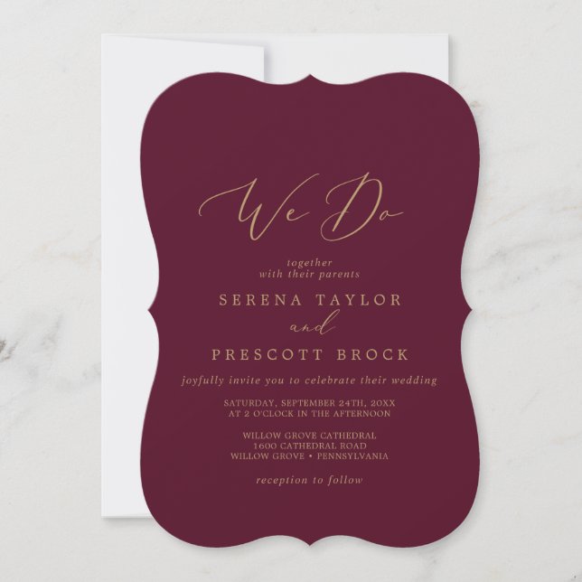 Delicate Gold Calligraphy | Burgundy We Do Wedding Invitation (Front)