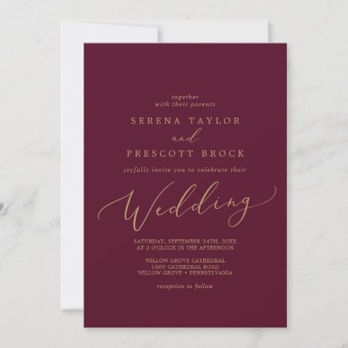 Delicate Gold Calligraphy  Burgundy Wedding Invitation
