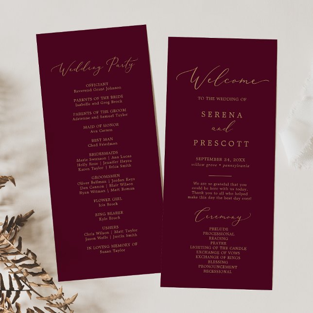 Delicate Gold Calligraphy | Burgundy Wedding Program (Creator Uploaded)