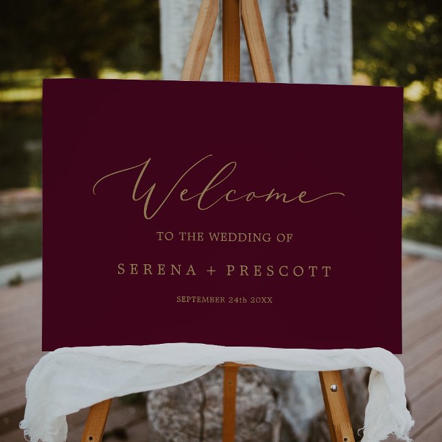 Delicate Gold Calligraphy Burgundy Wedding Welcome Foam Board (Creator Uploaded)
