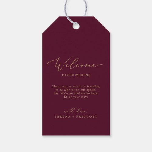 Delicate Gold Calligraphy Burgundy Wedding Welcome Gift Tags