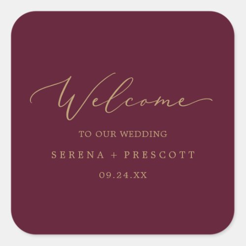 Delicate Gold Calligraphy Burgundy Wedding Welcome Square Sticker