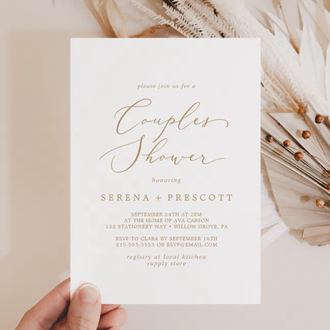 Delicate Gold Calligraphy Couples Shower Invitation | Zazzle