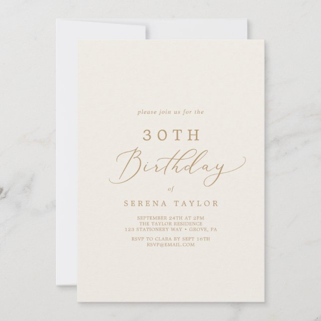 Delicate Gold Calligraphy | Cream 30th Birthday Invitation (Front)