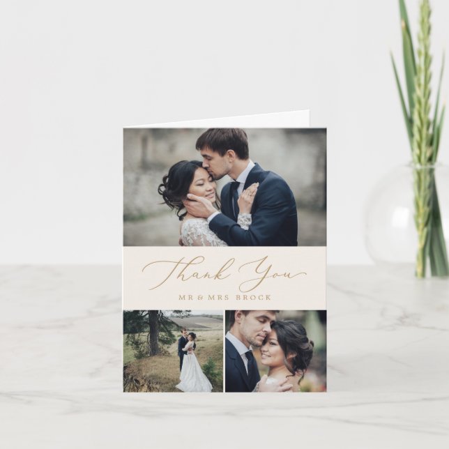 Delicate Gold Calligraphy | Cream 3 Photo Collage Thank You Card (Front)