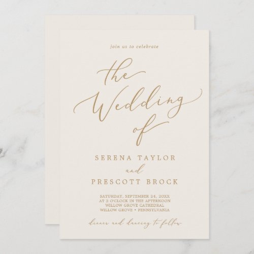 Delicate Gold Calligraphy Cream All In One Wedding Invitation