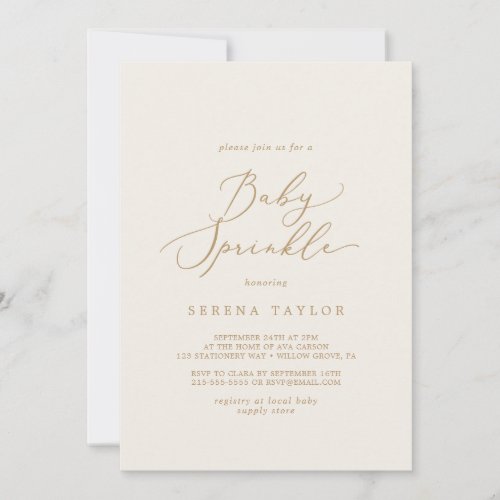 Delicate Gold Calligraphy  Cream Baby Sprinkle Invitation