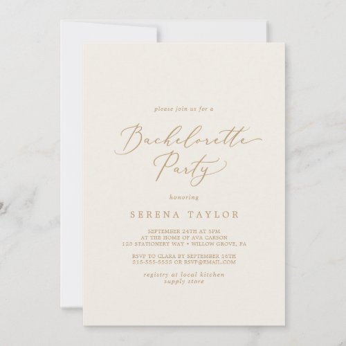 Delicate Gold Calligraphy Cream Bachelorette Party Invitation
