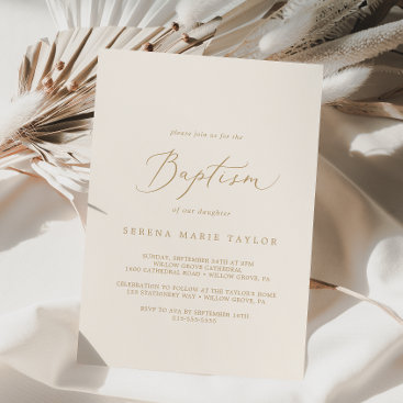 Delicate Gold Calligraphy | Cream Baptism Invitation