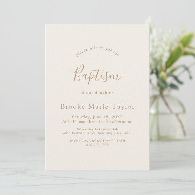 Delicate Gold Calligraphy Cream Baptism Invitation (Standing Front)